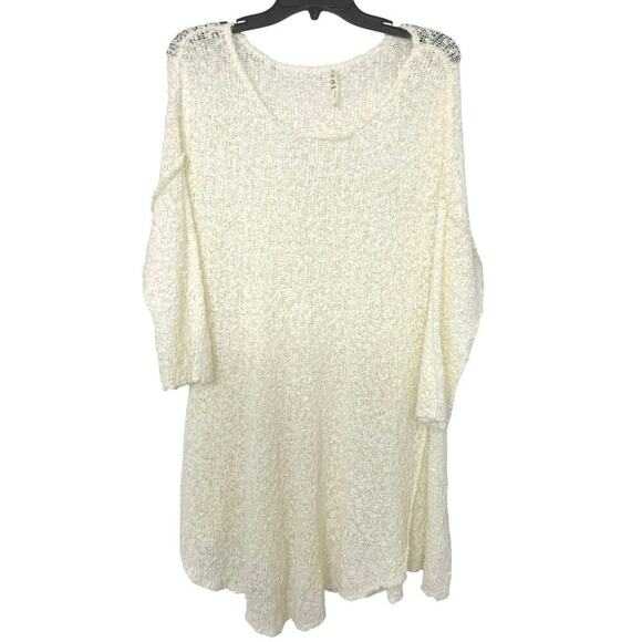 POL Cotton Blend Cream Open Knit Asymmetrical Hem Beachy Longline Tunic Top L - Picture 1 of 11